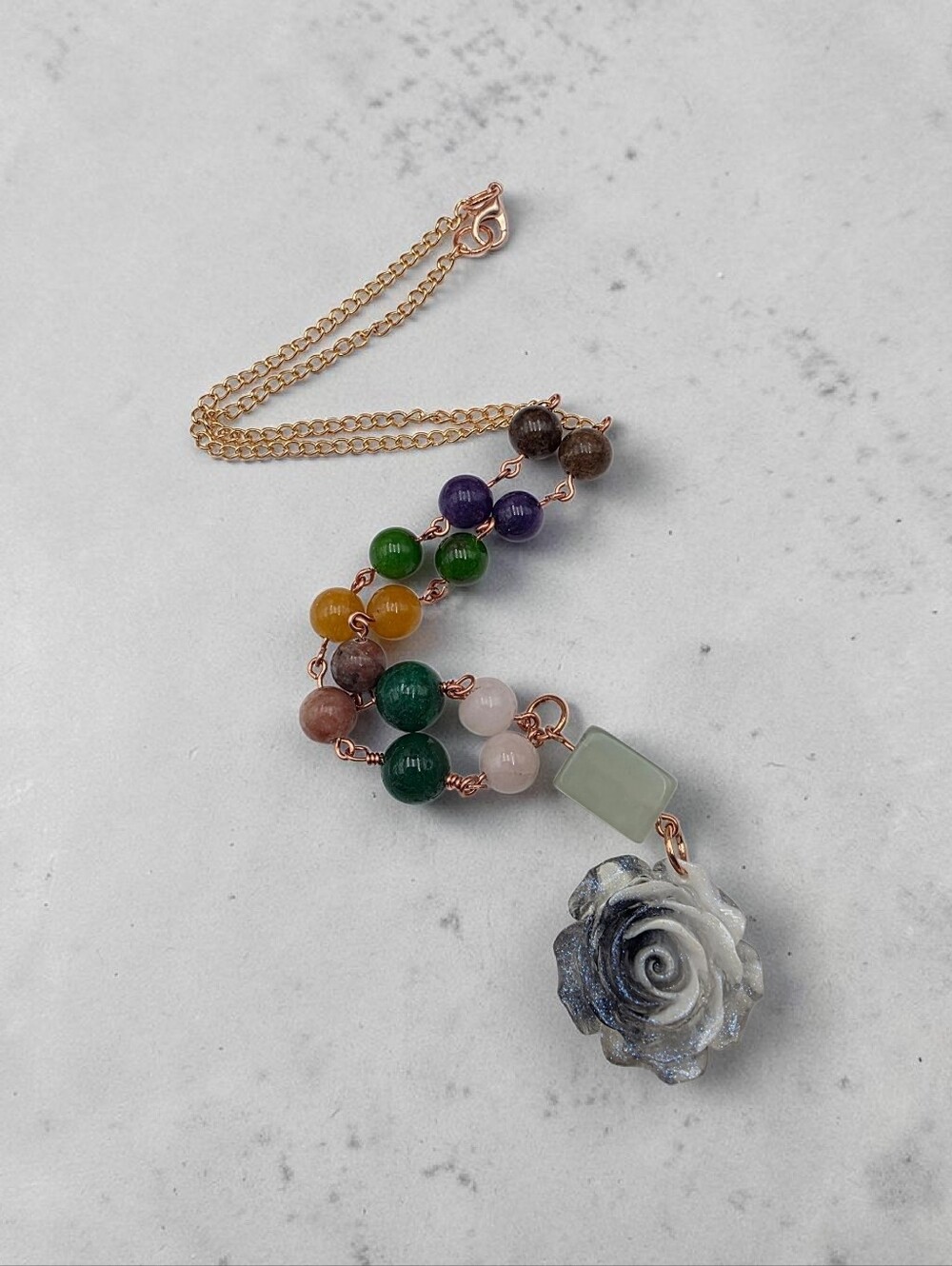 Handmade Multicolor Gemstone Rose Pendant Necklace - Gold Chain
